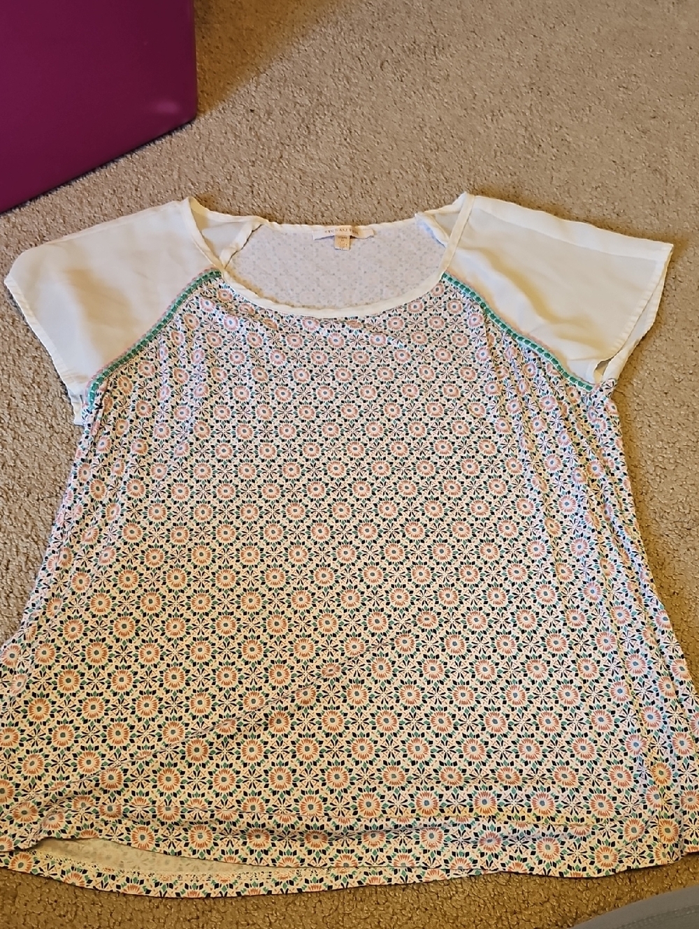 Women's Floral Crochet Front Short Sleeve Top - White